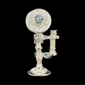 Gerry's Antique Telephone Brooch Silver Tone Blue Rhinestone